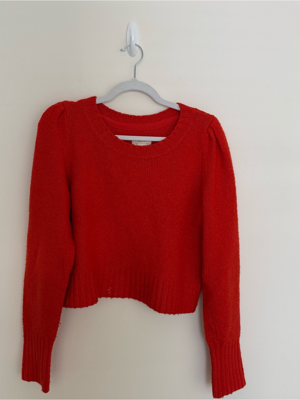 Anthropologie Vibrant Red Puff-Sleeve Crewneck Sweater